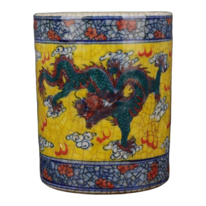 Chinese Vintage Ceramic Pen Holder,Old Porcelain Factory Blue and White Famille Verte Porcelain Brush Pot Hand Painted Dragon Phoenix Pattern