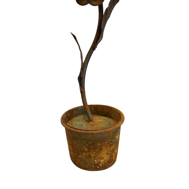 Shabby Chic Vintage Antiqued Tole Potted White Flower Sculpture / Toleware Floral / Flower Arrangement For Sale - Image 3 of 6