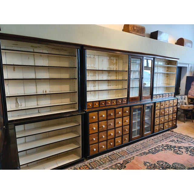 Large Wood Pharmacy Display Cupboard with Drawers, Early 1900s, Set of 4 For Sale - Image 18 of 18