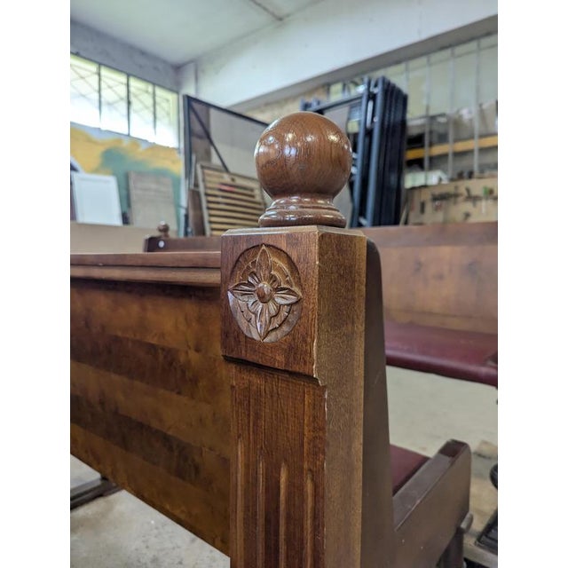 Art Deco Brasserie Bench in Oak and Burl Wood with Burgundy Imitation Leather Seat, 1930s For Sale - Image 10 of 11