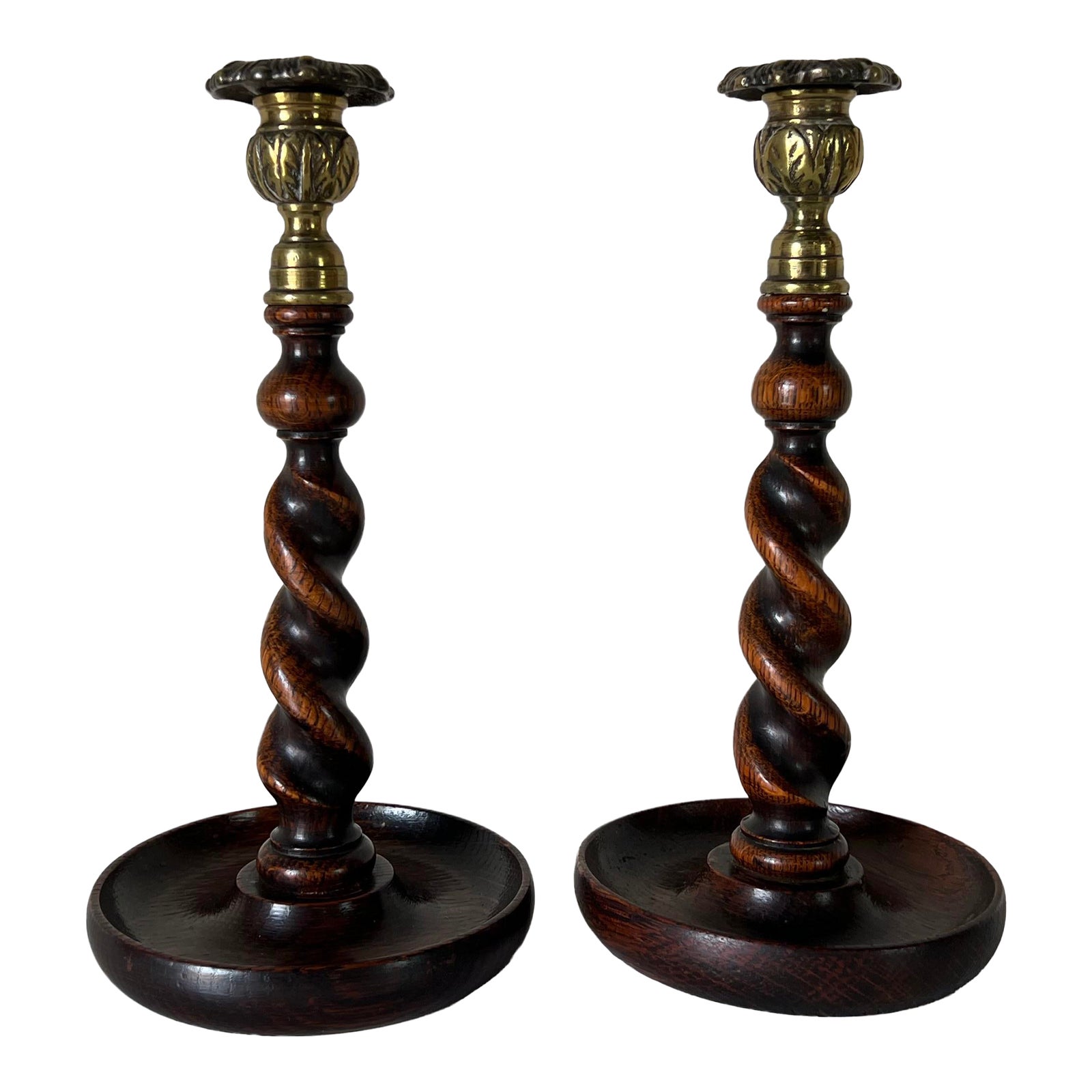 English Carved Wood Barley Twist Candlesticks With Brass Candle Cups