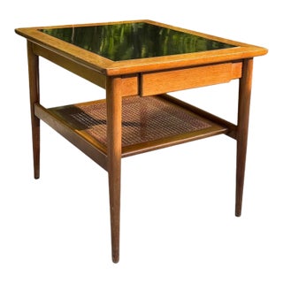 Vintage American of Martinsville Mid-Century Walnut End Table With Cane Shelf, MCM For Sale