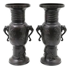 Large Meiji Japanese Patinated Bronze Vases - A Pair