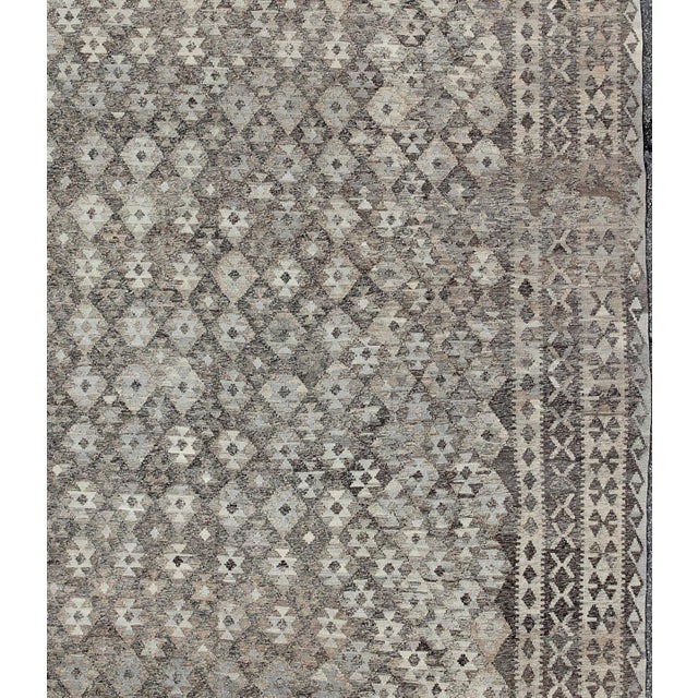 Measures: 10 x 13. Modern Tribal Afghan Kilim With All-Over Design in Shades of Silver and Gray 10 X 13. Modern Tribal...