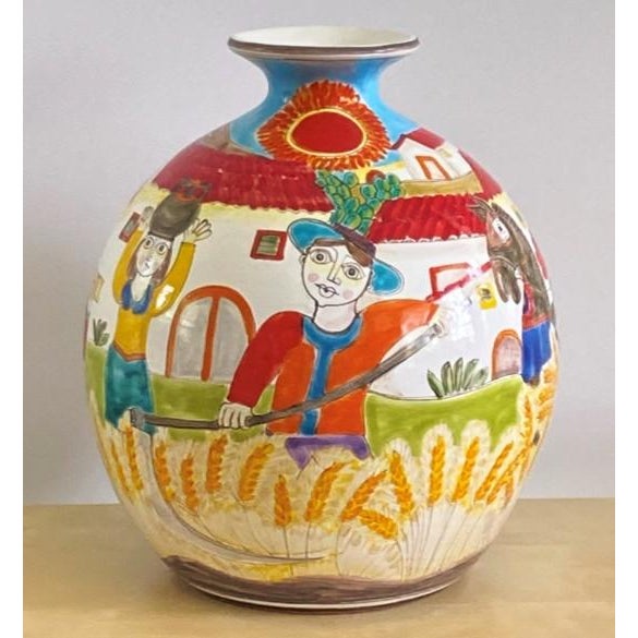 Rustic European Vintage Giovanni DeSimone Vase - Farm and Harvest Scenes, Signed (Rare Large Size 11¾” X 10”) For Sale - Image 3 of 12
