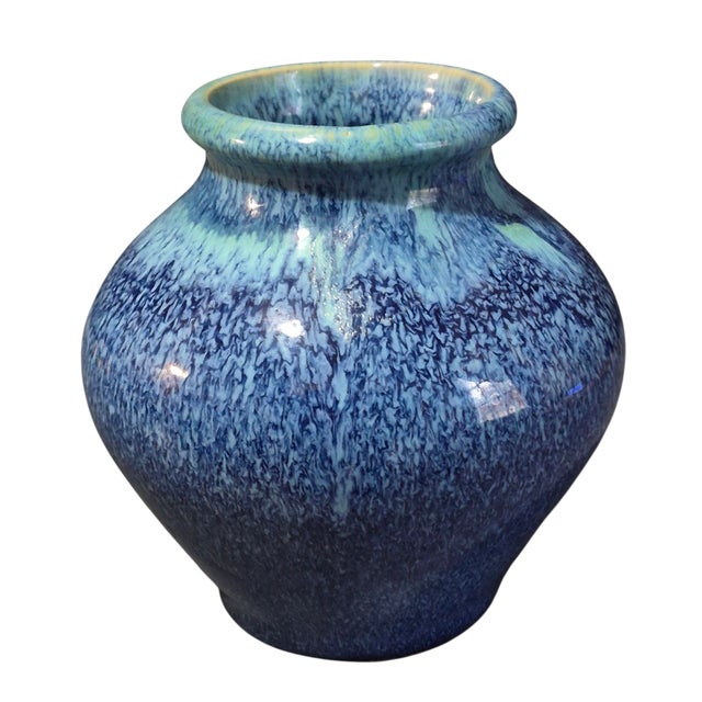 Ceramic Vintage Mid Century Modern Art Pottery Blue Glazed Vase For Sale - Image 7 of 7