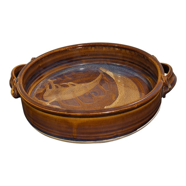 1970s Art Pottery Oval Handled Serving Dish For Sale