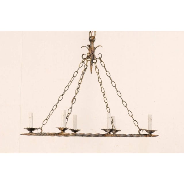 French Vintage Rectangular Six-Light Iron Chandelier Brushed in Gold Color For Sale - Image 4 of 10