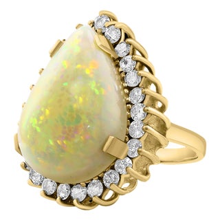 30 Carat Pear Cut Opal and Diamond 14 Karat Gold Cocktail Ring, Estate For Sale