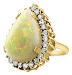 30 Carat Pear Cut Opal and Diamond 14 Karat Gold Cocktail Ring, Estate