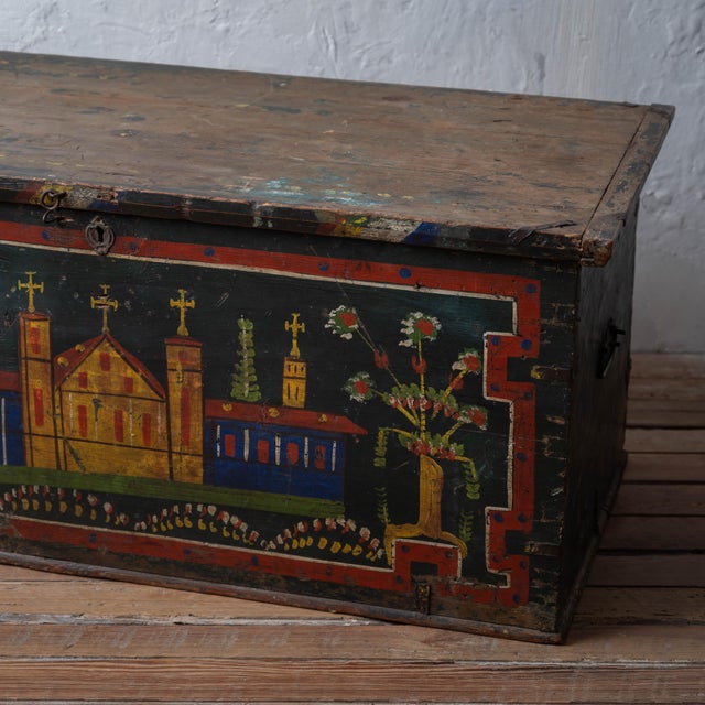 1900 - 1909 Romanian Painted Blanket Chest With Church Motif, c.1900 For Sale - Image 5 of 14