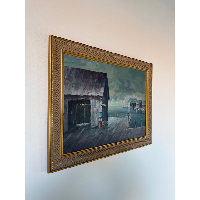 Beautiful vintage oil on canvas painting by P. D. Kane depicting a tranquil waterfront harbor scene with weathered...