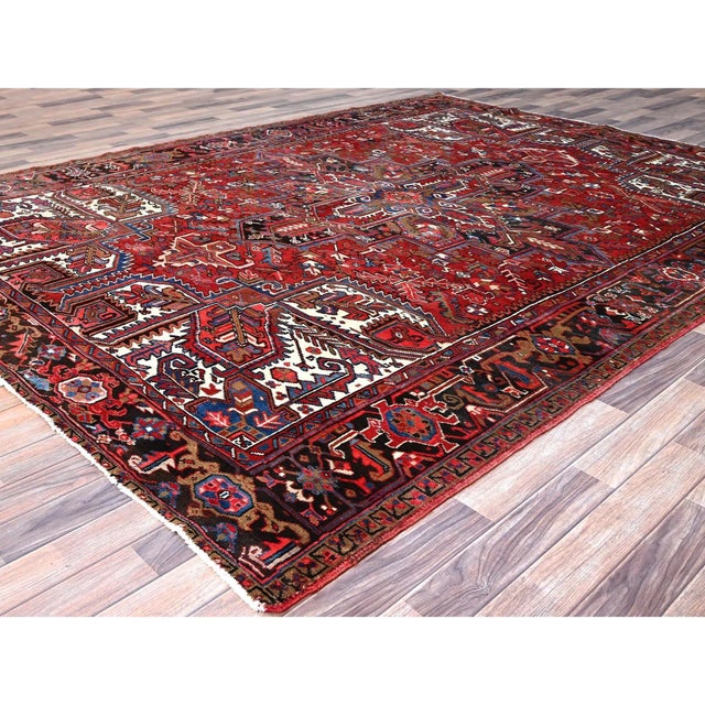 Textile 1960 8'2"x10'10" Red Hand Knotted Pure Wool Centre Geometric Medallion Worn Down Rug For Sale - Image 7 of 12