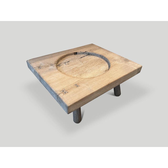 We added a mid century style base to this century old original coffee grinder top 3.5” thick. We then added butterflies...