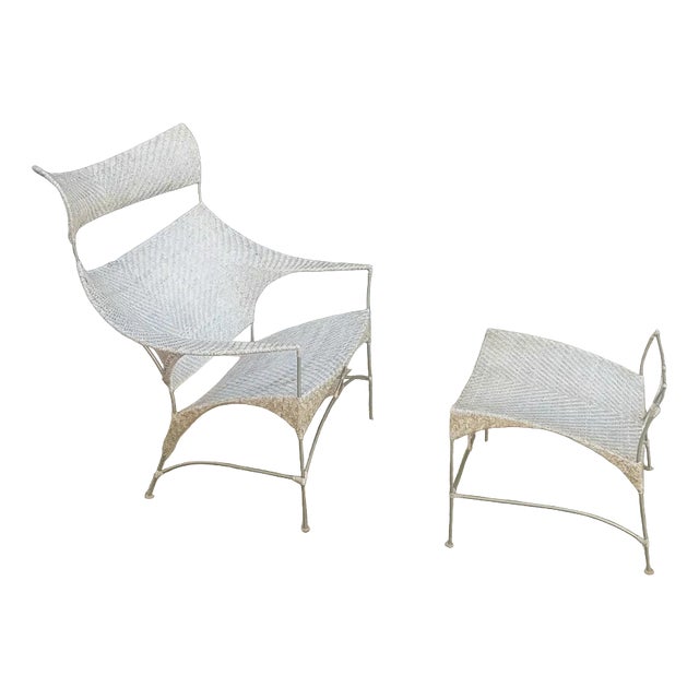 Set of Japanese Rattan Armchair with Ottoman For Sale