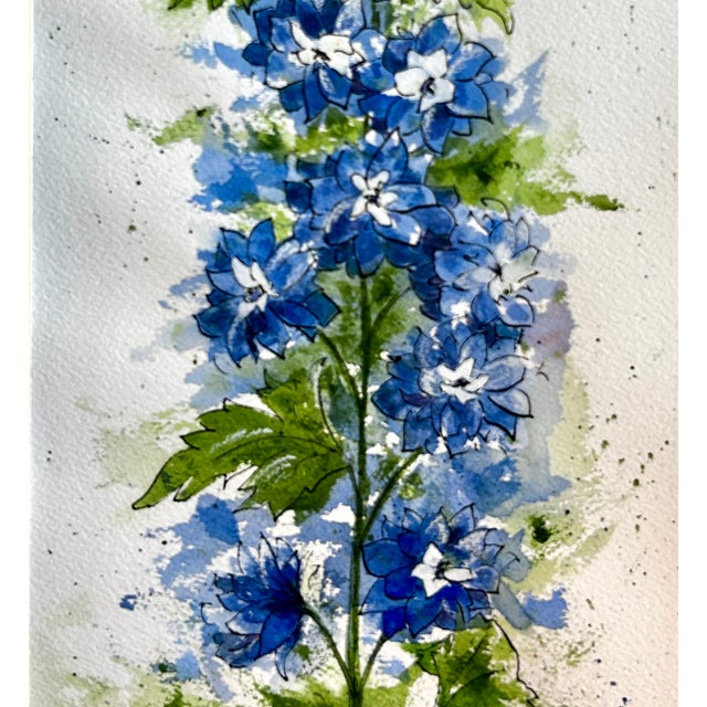 2020s Original “Blue Delphinium” Watercolor Tall Painting For Sale - Image 5 of 12