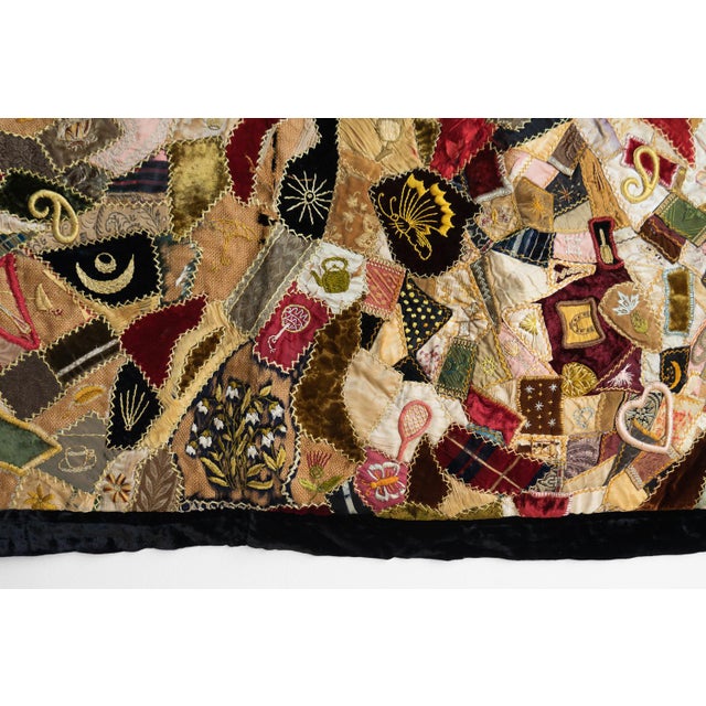 Antique Victorian Crazy Quilt, Hand Embroidered Silk and Velvet Patchwork Quilt, 19th Century For Sale - Image 11 of 18