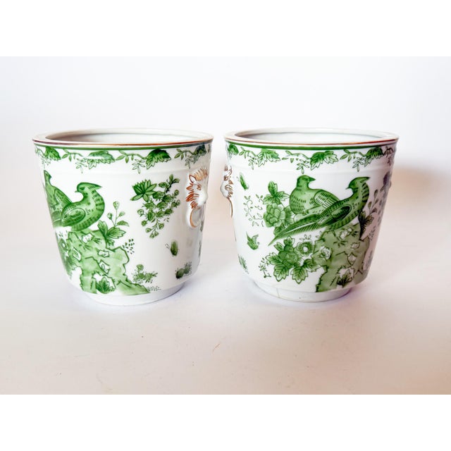 Herend Mid Century Pair of Porcelain Green Bird Cache Pot Planters With Lions Heads For Sale - Image 4 of 9