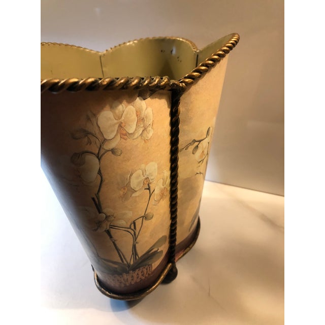 Vintage Tole Orchid Wastebasket With Scalloped Edge For Sale - Image 6 of 10