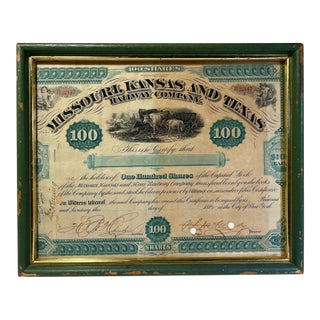 Antique 1882 Missouri-Kansas-Texas Railway Stock Certificate 100 Shares Framed For Sale