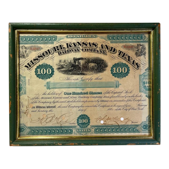 Antique 1882 Missouri-Kansas-Texas Railway Stock Certificate 100 Shares Framed For Sale