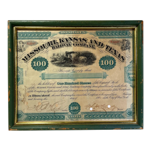 Antique 1882 Missouri-Kansas-Texas Railway Stock Certificate 100 Shares Framed