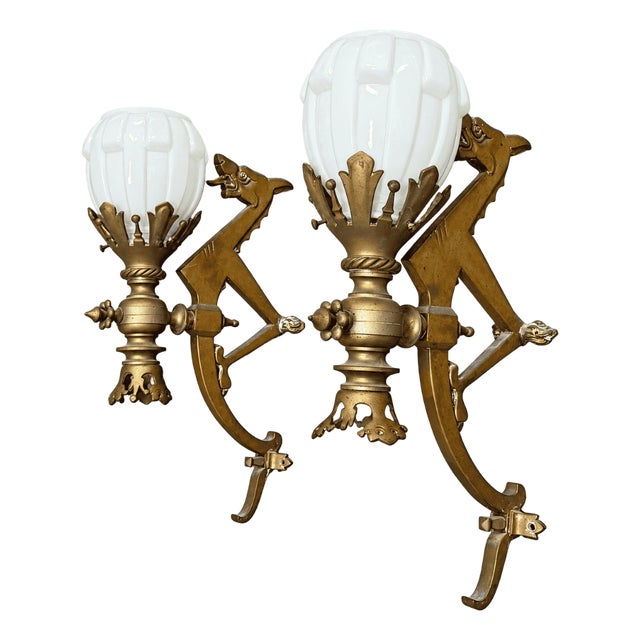 Art Deco Bronze Wall Sconces with Tulip Shades and Dragons, 1890s, Set of 2 For Sale