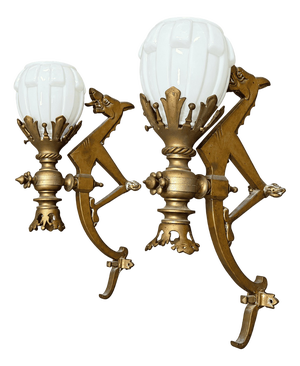 Art Deco Bronze Wall Sconces with Tulip Shades and Dragons, 1890s, Set of 2