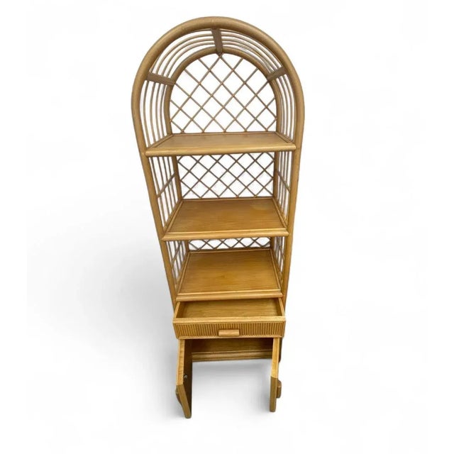2000 - 2009 Vintage Rattan Arch Top Étagère/Display Cabinet With Drawer and Storage For Sale - Image 5 of 5