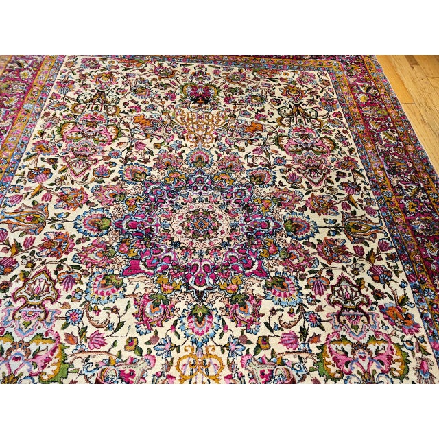 Persian Antique Persian Kerman Lavar Rug, Hand-Knotted Wool, Floral Pattern, Ivory & Crimson, 9x12 For Sale - Image 3 of 10