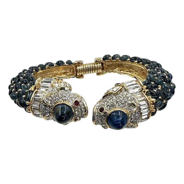 1990s Kenneth Jay Lane KJL Cuff Bracelet Crystal Blue Cabochons Hinged Opens Vintage For Sale