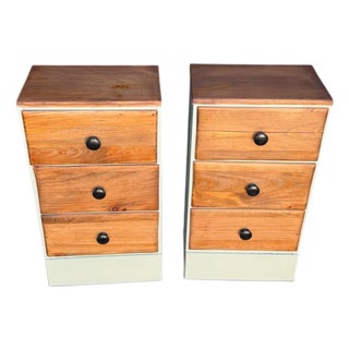 Vintage Handmade Solid Wood Pair of Nightstands Refinisfed in Walnut and Sage Green For Sale