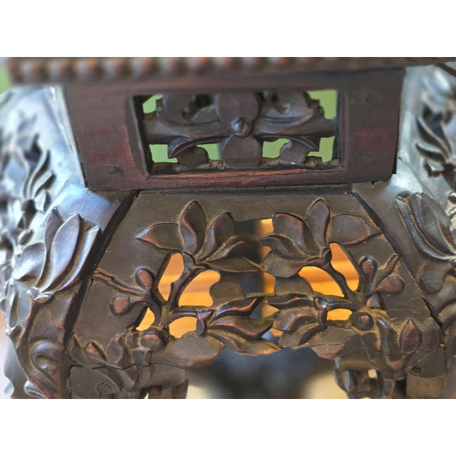 Antique Carved Rosewood Asian Plant Stand Pink Marble Inlay Intricate Floral Detail For Sale In Cleveland - Image 6 of 6