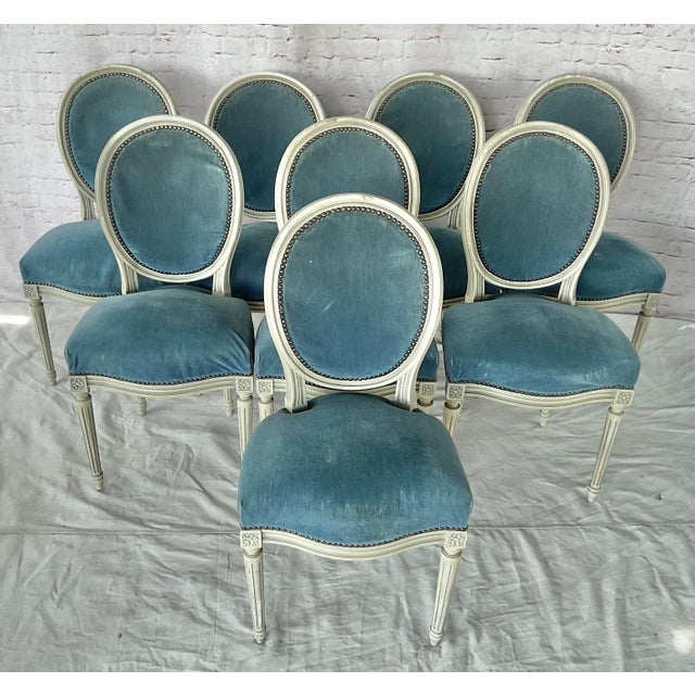 Off-white French Louis XVI Style Painted and Upholstered Dining Chairs Set of Eight For Sale - Image 8 of 10