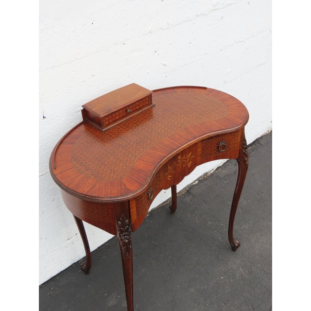 French Early 1900s Kidney Shape Carved Inlaid Small Writing Desk 6620 For Sale - Image 16 of 16