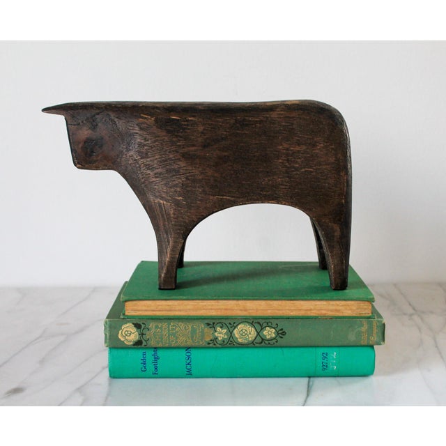 2020s Hand Carved Crate and Barrel Brown Wood Bull Figurine Sculpture For Sale - Image 5 of 13