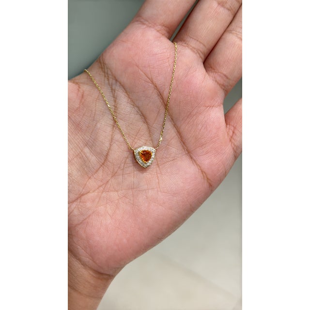 Art Deco 14k Yellow Gold Trillion-Cut Citrine & Diamond Halo Pendant Necklace by VRJewels For Sale - Image 3 of 17