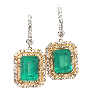 7.36 Carat Colombian Emerald & Diamond Halo Dangle Drop 18k Gold Earrings - 2 Pieces