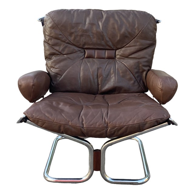 Wing Wingback Brown Leather Lounge Chair by Harald Relling for Westnofa, 1970s For Sale