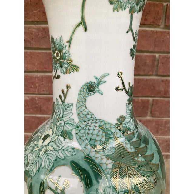1970s Large Vert Green & Gold Peacock Peony Porcelain Converted Vase Lamp 37” Excellent condition. No flaws. Porcelain...