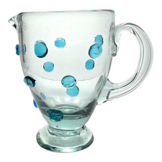 Mexican Aqua Blue Confetti Raised Pebble Mexican Hand Blown Glass Pitcher Jug For Sale
