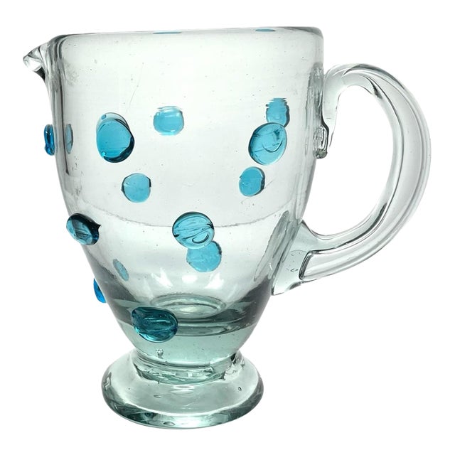 Mexican Aqua Blue Confetti Raised Pebble Mexican Hand Blown Glass Pitcher Jug For Sale