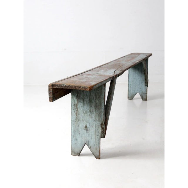 Antique Primitive Painted Blue Bench For Sale - Image 4 of 12