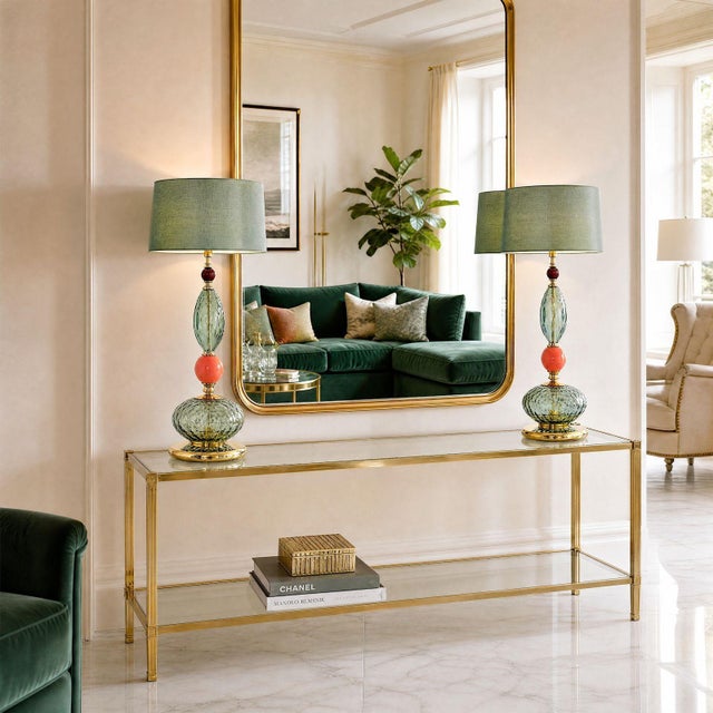 Pair of green and salmon Murano glass table lamps, Italy 1990s. The mid century modern table lamps have polished brass...