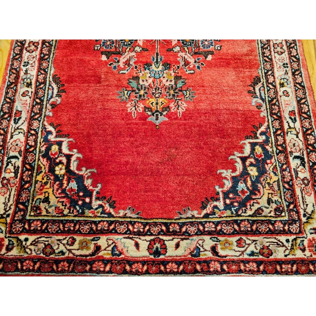 Vintage Persian Hamadan Wide Runner, Hand-Knotted Wool, Open Field Geometric Pattern, Red & Ivory. 4x10 For Sale - Image 4 of 18