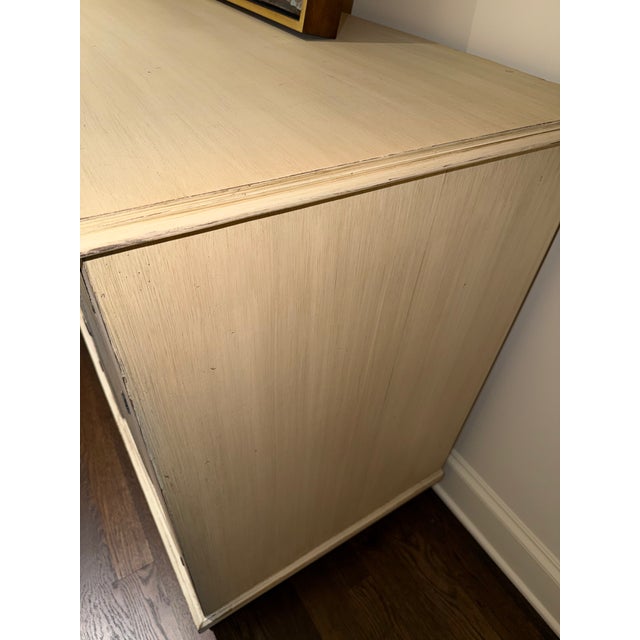 Long Gustavian style painted sideboard/buffet with molded top, 3 upper drawers fluting, 3 paneled doors with raised and...