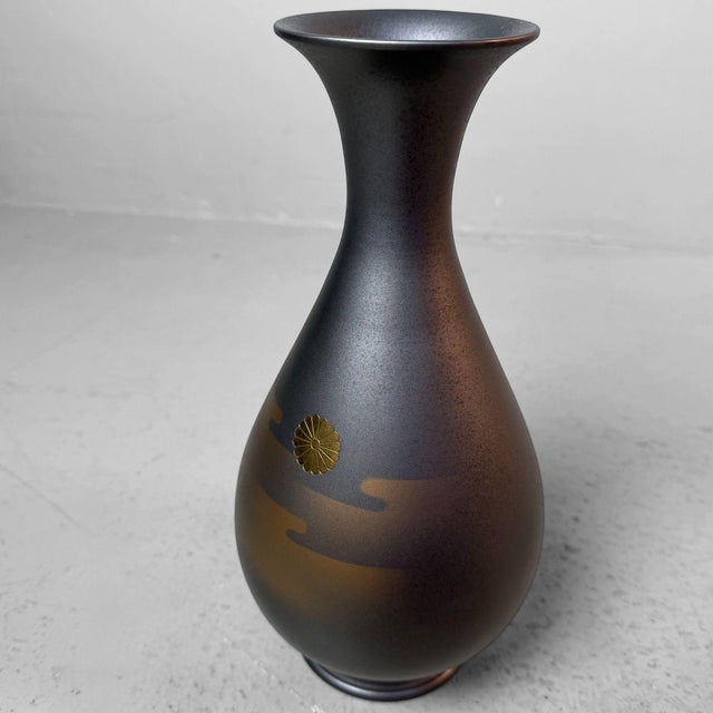 Metal Japanese Metal Vase with Chrysanthemum Motif from Takaoka, 1970s For Sale - Image 7 of 11