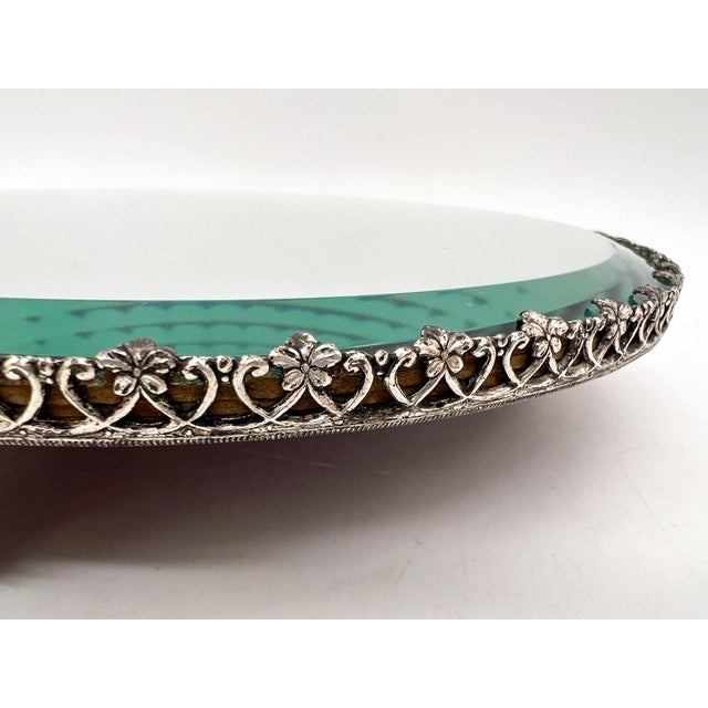 Silver 8" Vintage Round Mirrored Plateau Tray With Ornate Silver-Tone Gallery – Hollywood Regency / Neoclassical For Sale - Image 8 of 15