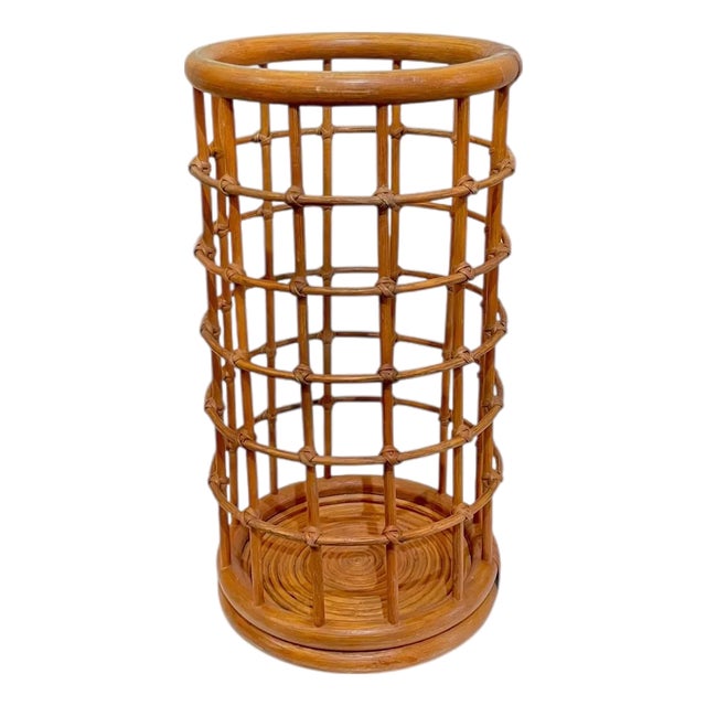 Vintage French BoHo Bamboo and Rattan Umbrella Stand For Sale