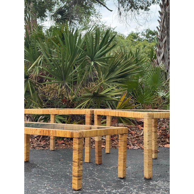 Coastal Vintage Coastal Rattan 3-Piece Living Room Table Set With Glass Tops For Sale - Image 3 of 9